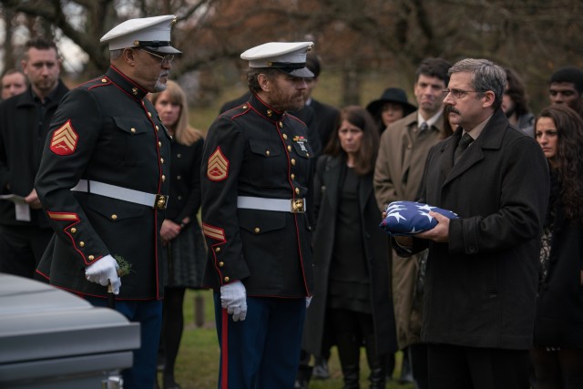 After much ado, Richard (Laurence Fishburne) and Sal (Bryan Cranston) don military uniforms to give the slain son of Doc (Steve Carell) the burial he deserves.