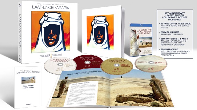 The Lawrence of Arabia: Limited Edition Collector's Box Set includes three Blu-rays, a soundtrack CD, a film frame, and a coffee table book.
