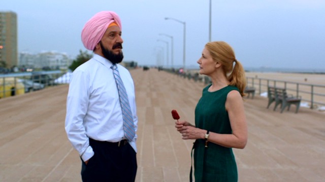 Wendy Shields (Patricia Clarkson) and Darwin Singh Tur (Ben Kingsley) take a walk on a boardwalk in Queens in "Learning to Drive."