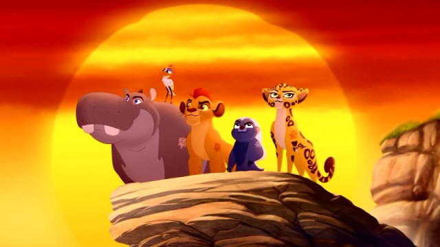 The Lion Guard is all ready for their title logo, as Besthe, Ono, Kion, Bunga, and Fuli strike a heroic pose atop a cliff.