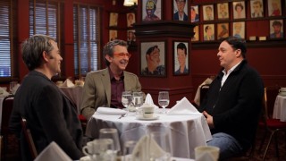 A trio of Broadway guys, executive/producer former Disney President Thomas Schumacher (center) and actors Matthew Broderick and Nathan Lane, gather at the famed Sardi's restaurant in the new retrospective documentary "Pride of 'The Lion King'."