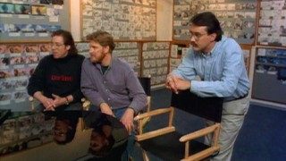 Directors Rob Minkoff and Roger Allers and producer Don Hahn listen to songs in production footage used in Hahn's memoir featurette. Picture them like this as you listen to their audio commentary from the '90s.