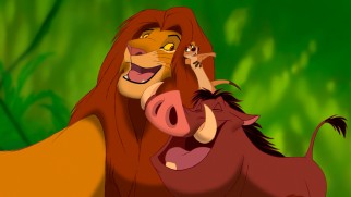 Hakuna matata! Simba matures to adulthood in the company of easygoing pals Timon and Pumbaa.