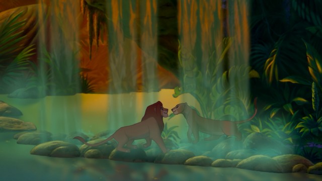 Grown-up Simba and Nala reunite near a jungle waterfall.