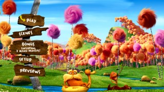 The Lorax shoots us a look as he rides a duck float down a stream on the DVD version of the main menu.