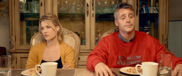 Charlie (Matt LeBlanc) sweats through a date with Molly (Ali Larter) in a World's Best Grandpa sweatshirt.