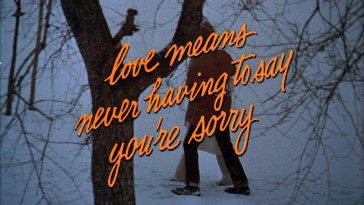 After two minutes of showing stills, the "Love Story" theatrical trailer places the movie's signature line (and tagline) over Oliver and Jenny's snowy Central Park walk.