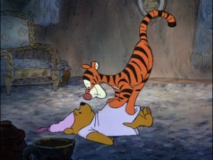 Tigger sings of his wonderful uniquity and pounces on Pooh, as seen in 2002's 25th Anniversary Edition DVD. (Click to view in 640 x 480.)
