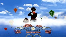 Amidst soaring kites, Mary Poppins touches herself up from the clouds above the listings of the 45th Anniversary Edition DVD's Disc 1 Main Menu.