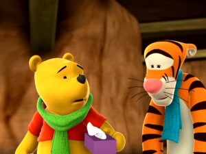 In "Darby, Solo Sleuth," Pooh and Tigger suffer through their head colds without the aid of Tylenol PM.