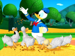 Donald feeds eight of his fellow ducks who aren't fortunate enough to use dining ware, dress like sailors, or speak English.