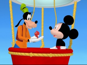 Look out, Phileas Fogg. Goofy and Mickey ride a hot air balloon to return this baby redbird to his mama.