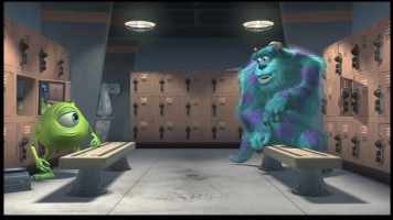 Mike and Sulley converse in the locker room, seen here in the original widescreen aspect ratio.
