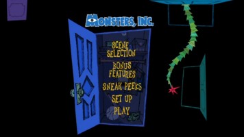 The 16x9 main menu is animated with moving doors and roaming monsters.