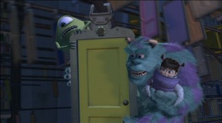 In one of Pixar's most visually appealing scenes, Sulley, Mike, and Boo catch a ride on Monsters, Inc.'s door track.