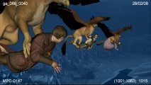 Airborne griffins carrying Pevensies and the Prince are seen in rudimentary previsualization animation.