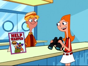 Candace (voiced by Ashley Tisdale) embarrasses herself yet again in front of Jeremy (Mitchel Musso), but at least her binoculars help her discover a job opening.