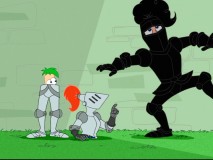Two halves of one jouster, Phineas and Ferb spot the fabled Black Knight running by.