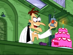 Dr. Doofenshmirtz plans on using his dastardly remote to make people sing him "Happy Birthday."