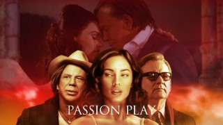 Lily and Nate share a tender moment behind the static cover poses of Mickey Rourke, Megan Fox, and Bill Murray on the Passion Play Blu-ray menu.