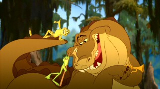 Now equally amphibious, Naveen and Tiana hitch a ride on Louis, a swamp alligator who dreams of playing trumpet for humans.