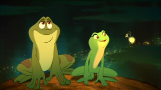 In frog form, Naveen and Tiana get a little illumination from friendly Cajun firefly Ray.