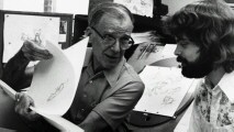 Frank Thomas takes Ron Clements under his wing on "The Fox and the Hound" in one of many archival photos shown in "The Disney Legacy."