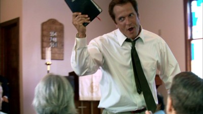 As Reverend Cotton Marcus, Patrick Fabian gives an impassioned sermon about, among other things, his mother's banana bread recipe.