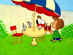 This is way better than obedience school! Snoopy has Peppermint Patty waiting on him with cold beverages in "He's Your Dog, Charlie Brown."