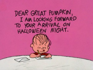 Linus writes a letter to the Great Pumpkin, the holiday figure that only he seems to believe in.