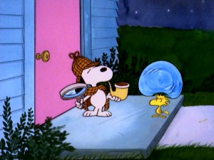 In "It's a Mystery, Charlie Brown", every big bubble Snoopy blows from his Sherlock Holmesian pipe lands right on Woodstock, making him wet.