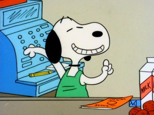 Snoopy is Joe Cool in school and in this grocery store checkout line.