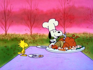 Woodstock and Snoopy enjoy a traditional Thanksgiving meal together. Don't think too hard about it.