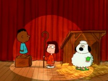 The message being relayed from Angel Gabriel (Franklin) to Mary (Marcie) is interrupted by one Peppermint Patty-flavored sheep in the nativity play of "It's Christmastime Again, Charlie Brown."
