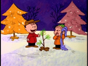 Charlie Brown takes to this tiny, real Christmas tree standing out among the colorful, aluminum offerings. Still from Paramount's 2000 DVD - click to view screencap in full 720 x 480.