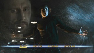 Percy pulls a Moses as his father Poseidon (Kevin McKidd) fades in behind him on the DVD's main menu.