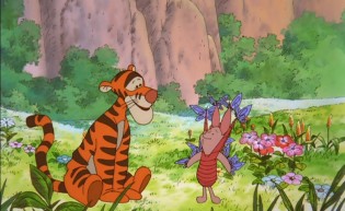Tigger watches on as lavender butterflies really take to Piglet.
