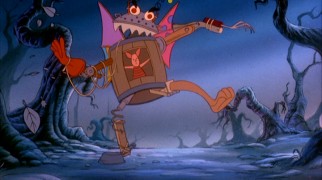 Piglet tells himself that he is not afraid manning this contraption in an effort to save Pooh in the recycled "Boo to You" segment.