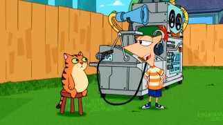 Phineas and Ferb's translator lets them learn the thoughts of neighborhood animals like this greedy orange cat in "Interview with a Platypus."