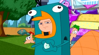 Candace gets in touch with her maternal side inside a platypus costume in "Perry Lays an Egg."