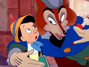 The first of the movie's many villains, "Honest John" (a.k.a. J. Worthington Foulfellow) interrupts Pinocchio's first school walk, eating his apple and changing his life.