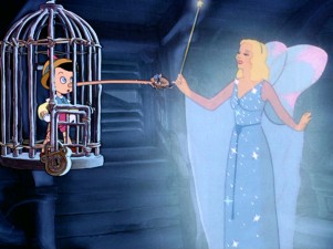 The Blue Fairy returns with wand in hand to help Pinocchio out of his predicaments of protruding nose and cage lockdown.