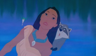 Pocahontas is neither the first nor last Disney protagonist to literally reflect on who she is. That's what she does here, with the company of Flit and Meeko.