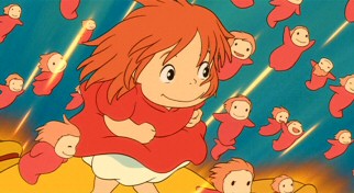 With her uniformly smaller younger sisters cheering her on, a newly human Ponyo makes her move for land.