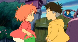 Ponyo and Sosuke get their first look at each other since she turned human in a magic moment Lisa's side view mirror shows her watching.