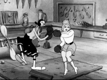 Olive Oyl and a dishy, athletic lady box each other in "Never Kick a Woman."