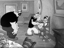 Bluto and Popeye take turns trying to make Swee'Pea laugh in "I Like Babies and Infinks."