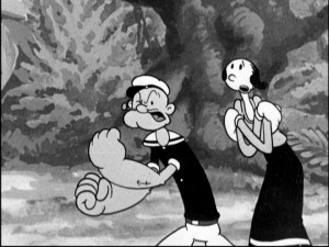 Popeye puts up his dukes to protect his gal Olive Oyl from wild elephinks and other jungle creatures.