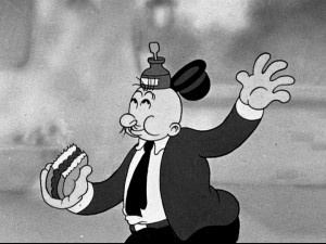 He walks prepared... To add more ketchup to his hamburger, the whiskered freeloader Wimpy need only remove his hat and scoop.