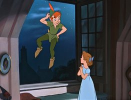 Peter Pan stays afloat outside Wendy Darling's bedroom window.